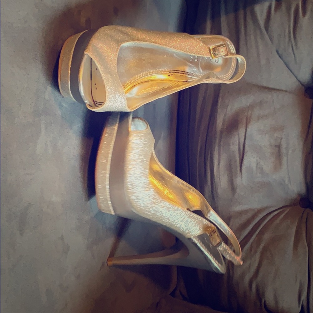 Bakers sliver with sparkle open toe heel.